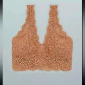 Aerie Eyelash lace padded plunge bralette bra convertible racerback XS peach tan